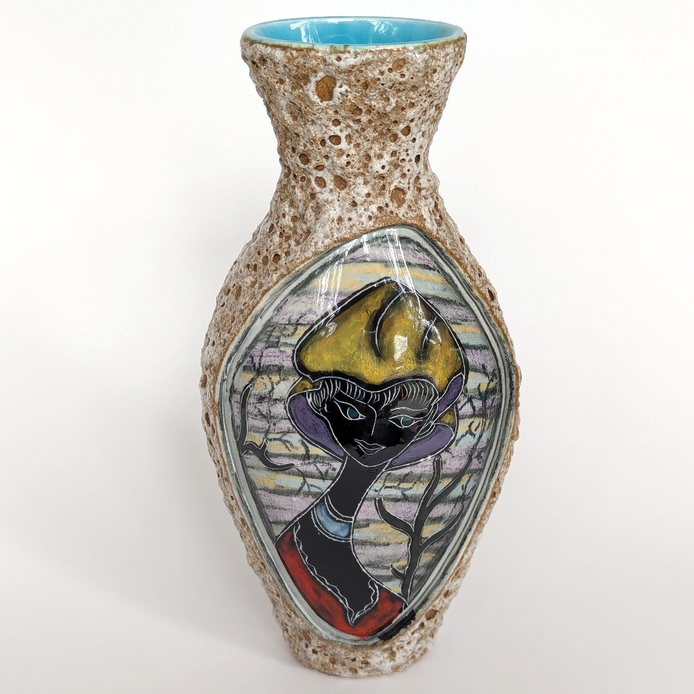 Vintage Fat Lava Style Glaze Vase w/ Lady & Trees Design Made in Portugal MCM